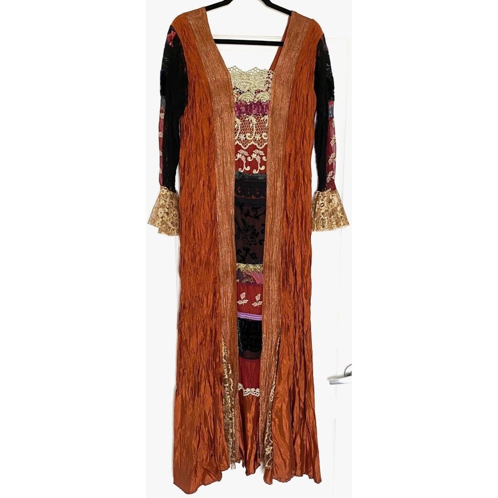 LEE ANDERSON Bell Sleeve Velvet Lace Embroidered Taffeta Patchwork Maxi Dress 1